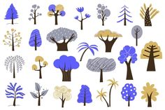 an assortment of trees and shrubs in various colors on a white background, including blue