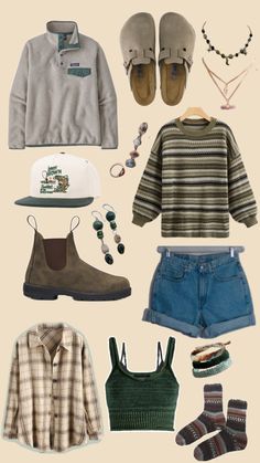 Granola girl aesthetic style outfits, patagonia synchilla fleece, jean shorts, blundstone boots, Birkenstock clogs, crystal jewelry, jem rings, granola socks, comfy socks, flannel shirt, green tank top, blundstone boots, national park themed hat, green sweater, Granola Girl Style, Granola Girl Outfits, Granola Outfits, Surfergirl Style, Earthy Outfits, First Aid Beauty, Life Tips