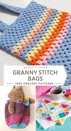 crocheted granny bag with text overlay reading granny stitch bags free crochet patterns