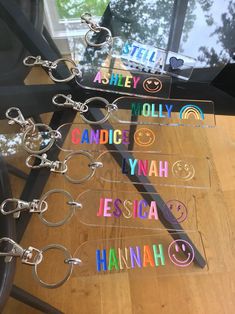 a glass keychain with the names of different languages on it, hanging from a table