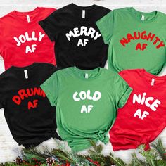 "Funny Christmas Group Shirt, Family Christmas Matching Shirts, Funny Friend Group Shirts, Matching Christmas Tees, Unisex Shirts, Funny Tee Welcome to my shop ZeeShirtUs.  I want to provide to you high quality and unique design T-Shirts. If you have any questions or want to have a custom personalized design, please contact me via message. I am sure you will my designs. This is the process to order a shirt: -Please Check and Review All Photos. -Select your Shirt Size and Shirt Color from the dro Friend Group Shirts, Funny Friend Group, Christmas Matching Shirts, Jolly Af, Funny Christmas Tshirts, Christmas Matching, Buy Shirts, Christmas Pjs, Friend Group