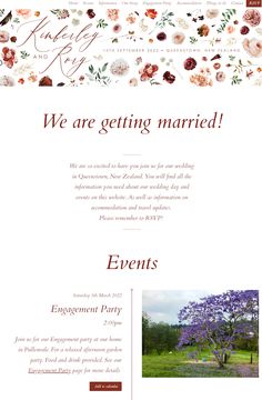 the wedding website is designed to look like it has been decorated with flowers and foliage