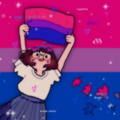 a girl with glasses holding up a purple and blue flag in front of her head