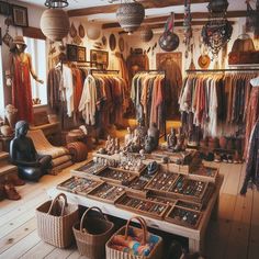 a room filled with lots of clothes and baskets