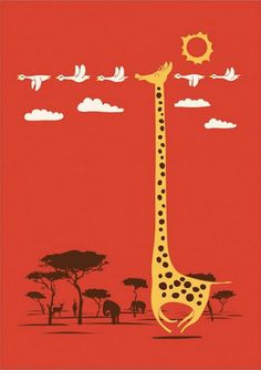 a giraffe standing in the middle of a field with birds flying over it