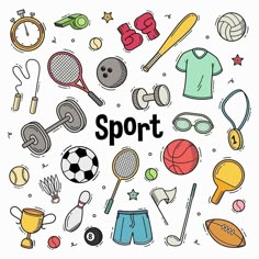 the word sport surrounded by various sports related items