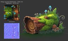 an artistic rendering of a tree stump with mushrooms and grass in the background, along with another image