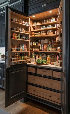 an open pantry with lots of food in it