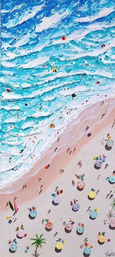 a painting of people at the beach with umbrellas and chairs in the sand by the water