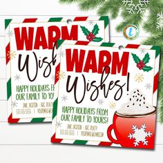 two christmas cards with the words warm wishes on them