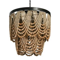 a wooden beaded chandelier hanging from a black metal fixture with wood beads