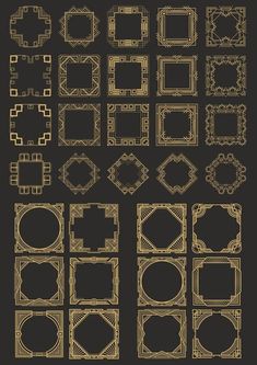 a set of decorative frames and dividers in gold color on a black background illustration