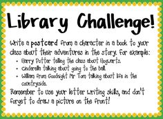 a poster with the words library challenge written in black and white on green polka dots