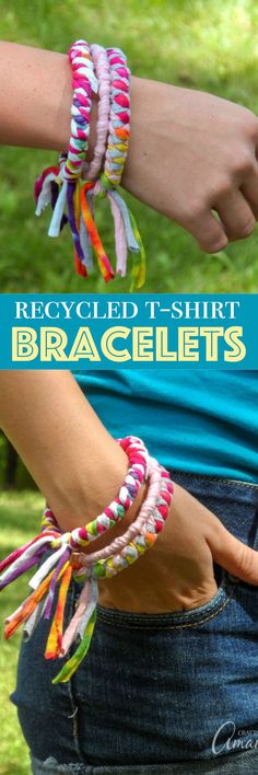 a woman wearing bracelets with the words recyclied t - shirt bracelets