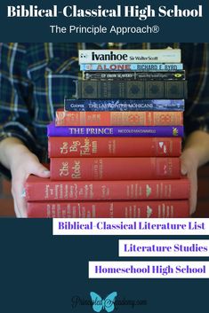 a stack of books with the words biblical classical high school on it and an image of a