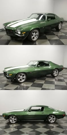 three different views of a green car on a checkered floor