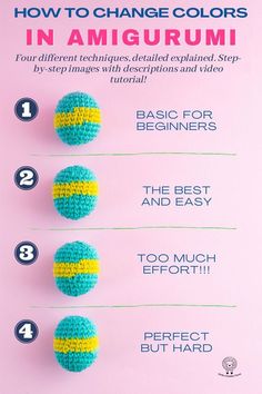 the instructions for how to change colors in amigurmi crocheted balls on a pink background