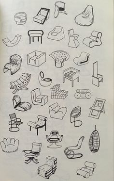 an open book with black and white drawings on the pages, including different types of furniture