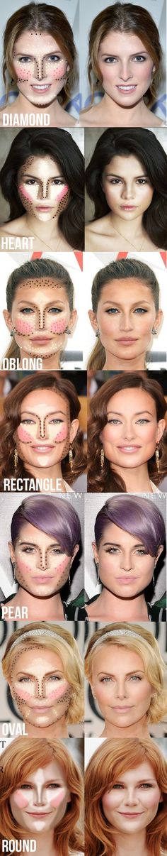 Contour and Highlight guide for you Face Shape! So useful: Contouring Guide, Highlighting And Contouring, Best Makeup Tutorials, Skirt Diy, Beauty Make-up, Makijaż Smokey Eye, Makeup Hacks