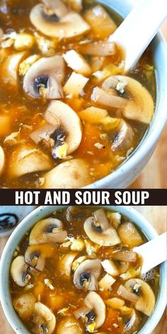 two pictures showing different types of soup with mushrooms and broth in the same bowl