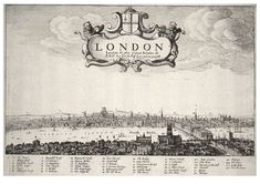 an old drawing of london with the city in it's center and lots of clouds above