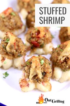 stuffed shrimp on a white plate with text overlay that reads, stuffed shrimp recipe