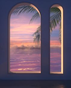 an open window with a view of the ocean and palm tree in it at sunset