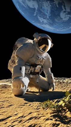 an astronaut sitting on the ground next to a plant