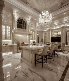 an elegant kitchen with marble floors and chandelier