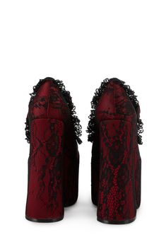 cuz ain't no fang.These platform mary janes have a satin constructin, a lace overlay, a ruffled trim, and an adjustable buckle closure. Red Lace Boots, Red And Black Wedding Shoes, Red And Black Heels, Scene Clothes, Rave Shoes, Red Platform Heels, Moody Wallpaper, Black Lace Heels, Goth Outfit Ideas