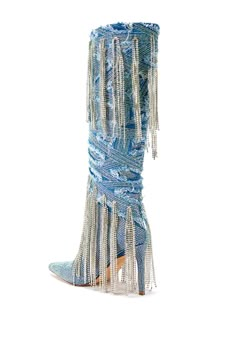 MISCHIEF-DENIM CRYSTAL TASSEL STILETTO BOOT | AZALEA WANG Denim Cowgirl Boots, Denim Cowgirl, Denim Rhinestone, Imvu Outfits, Rhinestone Fringe, Cut Clothes, Cowgirl Boot, Heeled Mules Sandals, Denim Boots