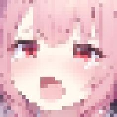 the face of a white cat with red eyes and pink hair is seen in this pixellated photo