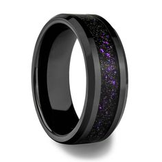 black ceramic ring with purple glitter inlay