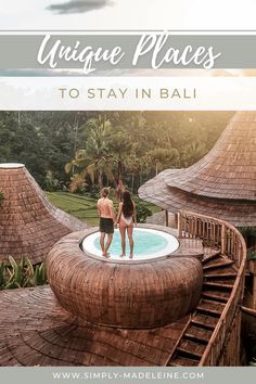 two women in swimsuits standing at the edge of a pool with text overlay saying unique places to stay in bali