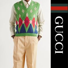 Brand New With Tag Gucci Agyle Knit Sweater Vest. Size: Small Color: Green, Red & Blue This Multicoloured Gucci Jacquard Knit Sweater Vest Boasts An Argyle Pattern With Gg Logo Motifs. Designed For A Relaxed Fit, It Has A V-Neck And Ribbed Trims. This Gucci Sleeveless Jumper Is Far From Your Grandpa’s Slipover. Green Sleeveless Sweater From Gucci. Made Of Cotton, This V-Neck Design Features An Elasticated Hem And Embroidered Logo Pattern In Cream, Red And Navy. Measurements (Approximate - See Pi Casual Gucci Sweater For Work, Luxury Gucci Jacquard Knit Sweater, Casual Gucci Wool Sweater, Fitted Designer Gucci Sweater, Casual Fitted Gucci Sweater, Gucci Luxury Tops For Winter, Luxury Gucci Winter Top, Luxury Gucci Tops For Winter, Designer Fitted Gucci Sweater