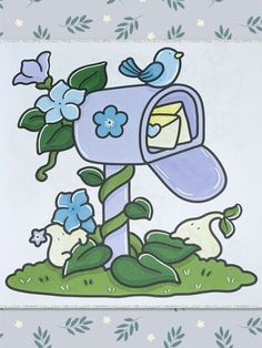 a blue birdhouse with flowers and birds on it's roof is painted in pastel colors