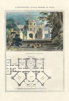 an old drawing of a castle with lots of rooms