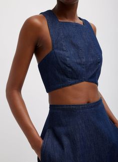 Summer Denim Square Neck Cropped Top Denim Crop Top Outfit, Denim Crop Top, Shoes Sandals Heels, Summer Denim, Crop Top Outfits, Neck Crop Top, Circle Skirt, Cropped Top, Cotton Style