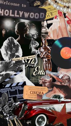 a collage of old hollywood related items including a car, record player and movie posters