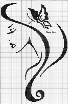 a cross stitch pattern with a woman's face and butterfly on the left side