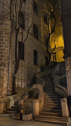 an old building with stairs leading up to the top floor and trees in front of it