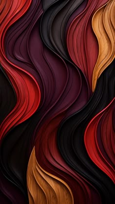 an abstract background made up of wavy lines and shapes in red, brown, yellow and black