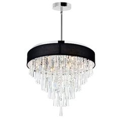 a black chandelier with crystal drops hanging from the ceiling