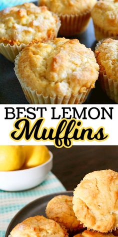 lemon muffins on a plate with the words best lemon muffins