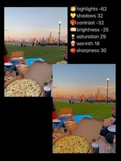 people sitting on the grass with pizzas and drinks in front of them at sunset