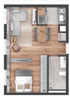 an overhead view of a bedroom and living room in a small apartment with wood flooring