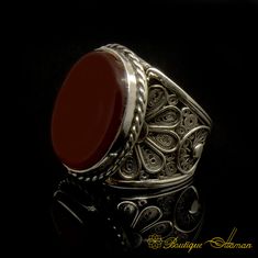 Fligree Handmade Ring with Flat Aqeeq - Boutique Ottoman Jewelry Store Luxury Handmade Ruby Ring, Luxury Handmade Ruby Ring For Formal Occasions, Luxury Ruby Ring With Intricate Design For Gift, Luxury Ruby Ring With Intricate Design As Gift, Traditional Handmade Ruby Ring For Formal Occasions, Luxury Handmade Ruby Wedding Ring, Handmade Luxury Red Ruby Ring, Ottoman Jewelry, Exclusive Jewelry