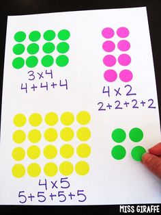 a hand is pointing at the numbers on a piece of paper with green and pink dots