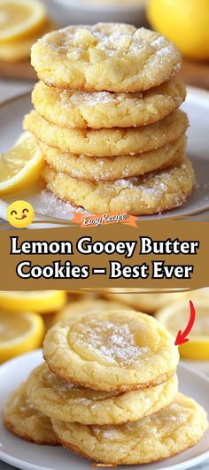 lemon gooey butter cookies are stacked on top of each other