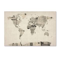 the world map is shown in black and white, with words all over it's surface